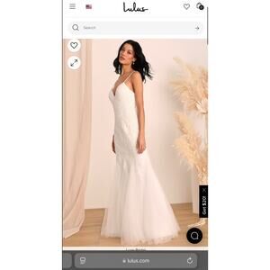 Lulus Dream Romance White Beaded Tulle Trumpet Maxi Dress size 8 NEW